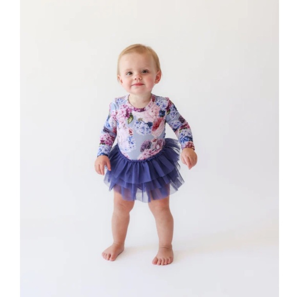 Posh Peanut Floral Long Sleeve Bodysuit w Purple Tulle Skirt in Annie print 3-6 - Picture 2 of 6